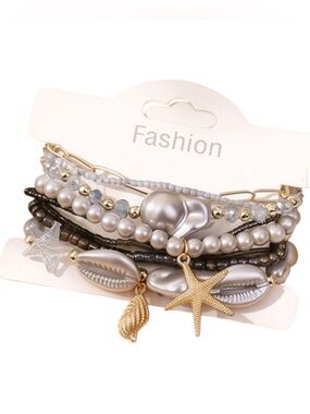 BOHEMIAN Gray BLUE BLACK MULTI SHELL STARFISH BEAD 7 Strand Stackable BRACELET